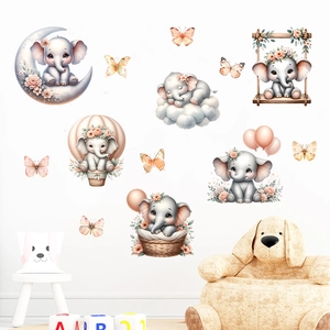 Cute elephant wall stickers with clouds and hot air balloons for kids room nursery decor