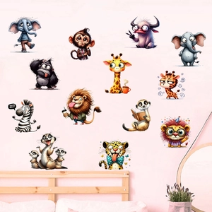 Detailed close-up of 3D cartoon animal wall stickers featuring a giraffe and elephant