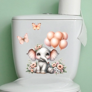 Detail of cartoon elephant and pink balloon waterproof wall sticker on bathroom tank