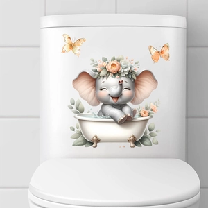 Sticker mural étanche d'éléphant de dessin animé prenant un bain avec fleurs et papillons