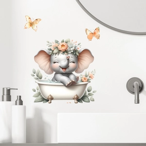 Sticker Mural Éléphant de Dessin Animé Prenant Son Bain Étanche PVC Papillon Floral Pour Décoration de Salle de Bain Toilettes