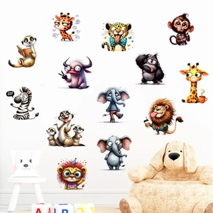 Cartoon jungle animal wall decals set featuring giraffe, lion, and zebra for nursery decor