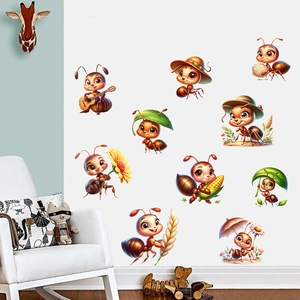 Self-adhesive cartoon ant wall stickers featuring vibrant ants in diverse fun poses