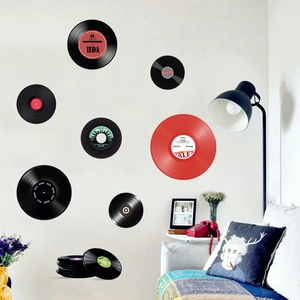 Stickers muraux disques vinyles rétro pour décoration de salon en noir et rouge