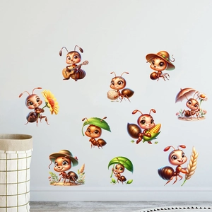 Detailed close-up of cartoon ant wall stickers with sunflower and guitar designs