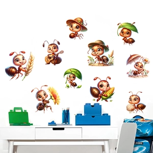 Detail showing 10 cute 3D cartoon ant wall stickers with sunflowers and instruments