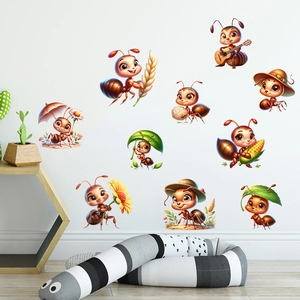 Cartoon ant wall stickers set with 10 animated figures for living room nursery decor