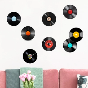 Retro vinyl record wall sticker set with clock for living room and bedroom decor
