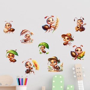 Self-adhesive waterproof cartoon ant wall stickers for kids bedroom and living room decor