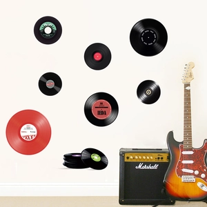 Stickers muraux disques vinyles rétro noir et rouge pour décoration de salon musicale