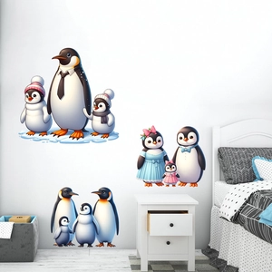 Waterproof penguin family wall stickers displayed in a bright modern kids room interior