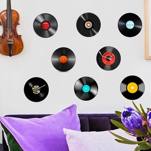 8-piece set of retro vinyl record wall stickers with a functional clock for home decor