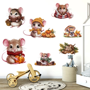 Cute cartoon mouse wall stickers set featuring pumpkins and autumn harvest decorations