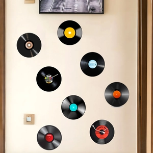 8-piece retro vinyl record wall stickers set with integrated clock for home decoration