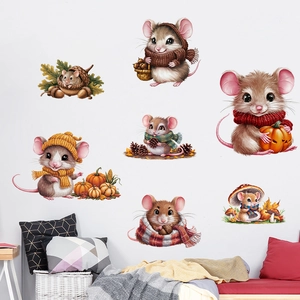 Self-adhesive wall sticker featuring cute cartoon mice with pumpkins and autumn leaves