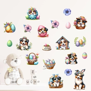 Easter dog wall stickers featuring Australian Shepherds and colorful eggs for nursery decor