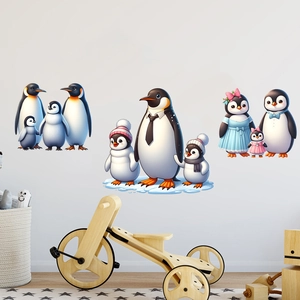 Nursery wall stickers featuring penguin family designs with wooden toys decoration