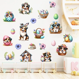 Easter wall decals featuring cute dogs with rabbit ears and colorful flower baskets