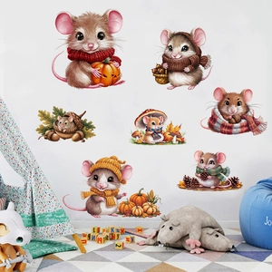 Detailed autumn wall stickers featuring cartoon mice with pumpkins and acorns for kids' rooms
