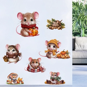 Cartoon autumn mice and pumpkins waterproof wall decals set for cozy living room decor