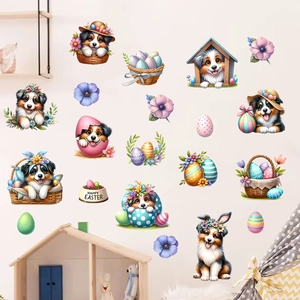 Detailed wall sticker view of Easter Australian Shepherd puppies with colorful eggs and flowers