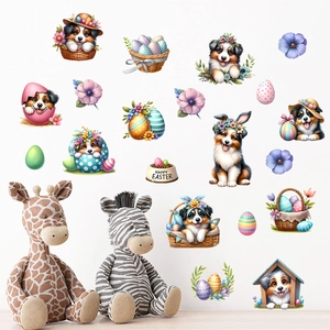 Detail of Easter puppy wall stickers with floral baskets and colorful eggs for home decor