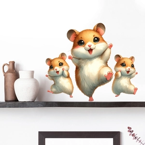Three cute hamster wall stickers with hand-drawn design for living room and bedroom decor