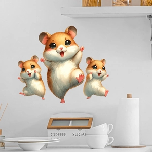 Detail of cute cartoon hamster wall stickers in a warm kitchen setting with props