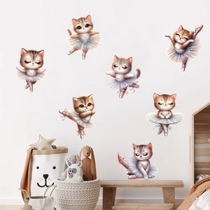 7-piece cute ballet cat wall stickers for children's room waterproof home decor