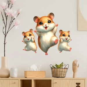 Three cute cartoon hamster wall stickers on gray wall with home decor and plant