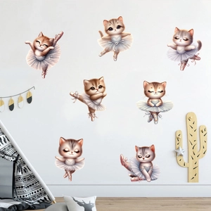 Adhesive wall decals featuring cartoon ballet dancing cats for home nursery decoration