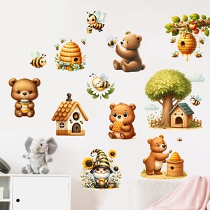 Cartoon bear and bee self-adhesive wall stickers with sunflowers for nursery room decor