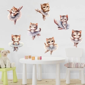 Adhesive waterproof wall stickers featuring cute cartoon ballet cats for kids room decor