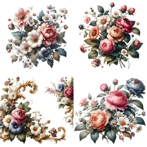 Self-adhesive peony flower wall stickers with vintage floral designs and baroque gold scrolls