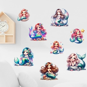 Sticker Mural Sirène de Dessin Animé Imperméable PVC DIY Peinture Murale pour Chambre d'Enfant Chambre Salle de Bain Décoration Maison Multicolore Thème Mer Océan