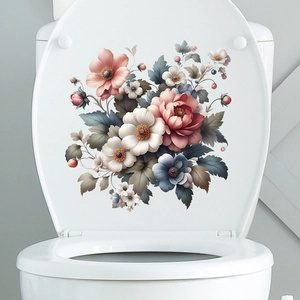 Close-up of pink peony floral waterproof stickers applied on a white toilet lid cover