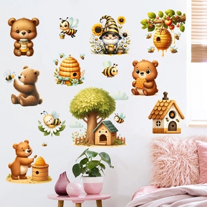 Cartoon Bear And Bee Honey Theme Wall Stickers Waterproof PVC Removable Sunflower Tree House Decals For Kids Room Nursery Decor