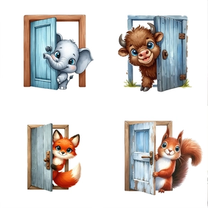 Cute cartoon animal wall stickers featuring elephant fox and squirrel in doorway