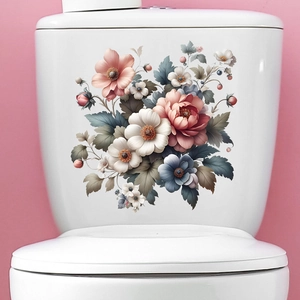 Detailed close-up of floral peony stickers with pink and blue blossoms on a toilet surface