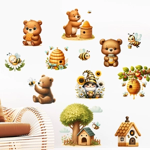 Cartoon wall decals featuring bears, bees and honeycombs for nursery wall decor