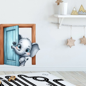 3D view of a cute cartoon elephant peeking from a blue wooden door wall sticker decor