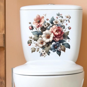 Detailed view of floral peony self-adhesive waterproof sticker on white ceramic toilet tank