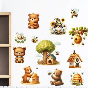 Detail of forest theme wall stickers showing cute bears, honey bees, and cozy wood cabins