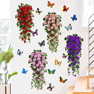 Ensemble de Stickers Muraux Rose Vigne et Papillons Colorés Imperméable PVC Décalcomanie Décoration pour Salon Chambre