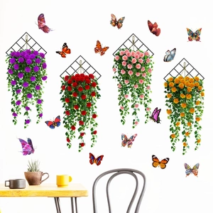 Hanging Basket Rose Flower Butterfly Wall Stickers Waterproof PVC Vine Floral Mural Decals For Living Room Bedroom Decor
