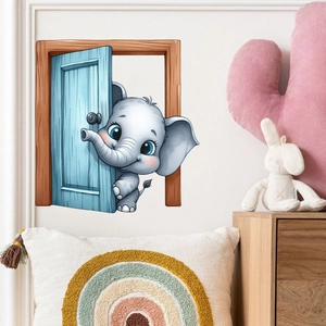 3D cartoon baby elephant wall sticker peaking through a blue door for nursery decor