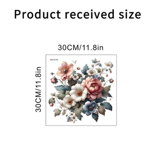 Detail view of pink and blue floral wall sticker with dimensions of 30cm by 30cm