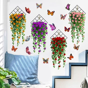Floral hanging basket wall stickers with 3D butterflies for home living room decor