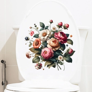 Detail showing self-adhesive peony flower stickers applied on a white toilet lid cover