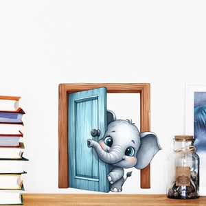 Detail of cute elephant peering through a blue door wall sticker on white surface